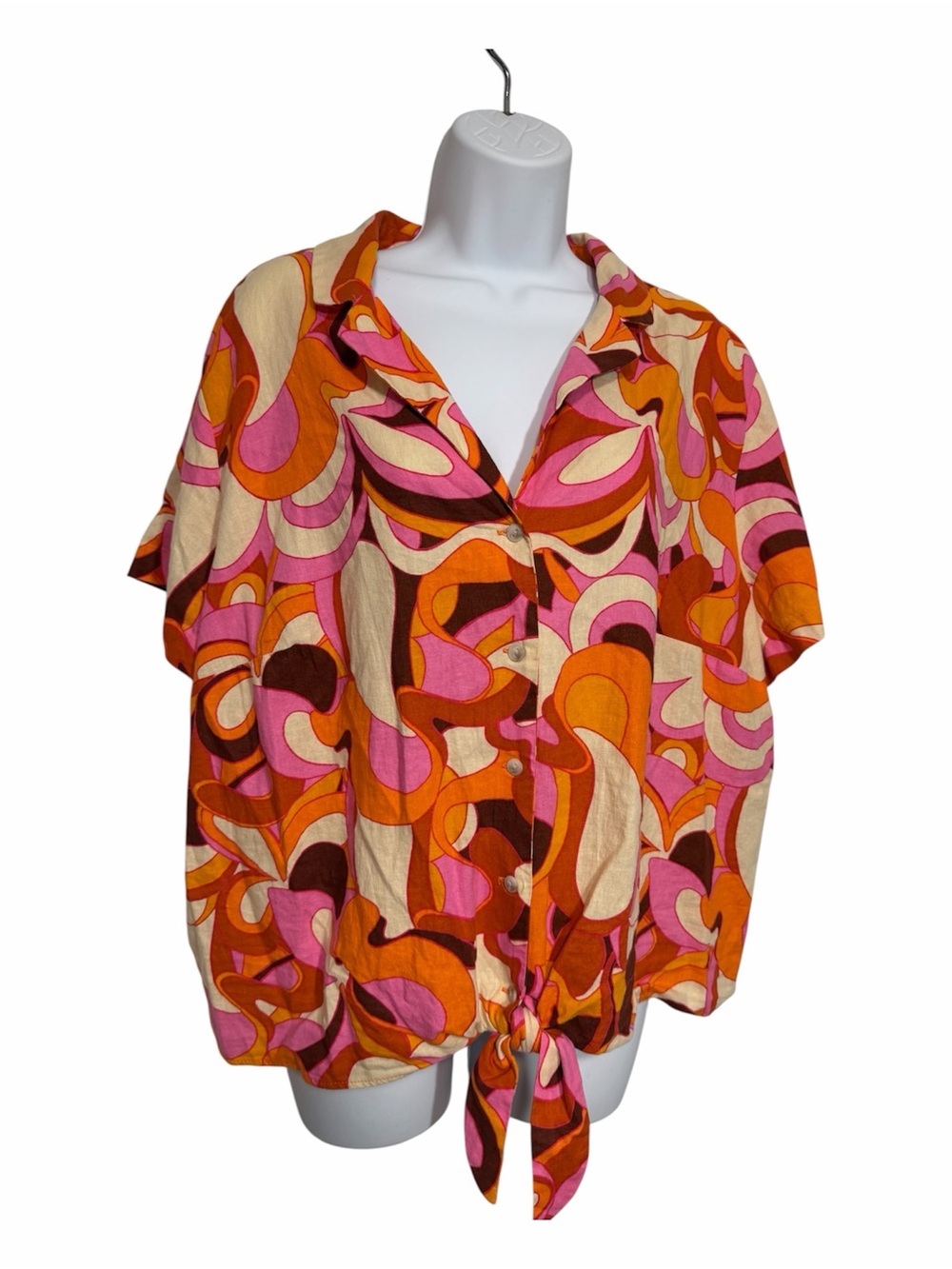 Tie-Front Retro Swirl Pink & Orange Psychedelic Plus Size 1X 70s Flower Child
